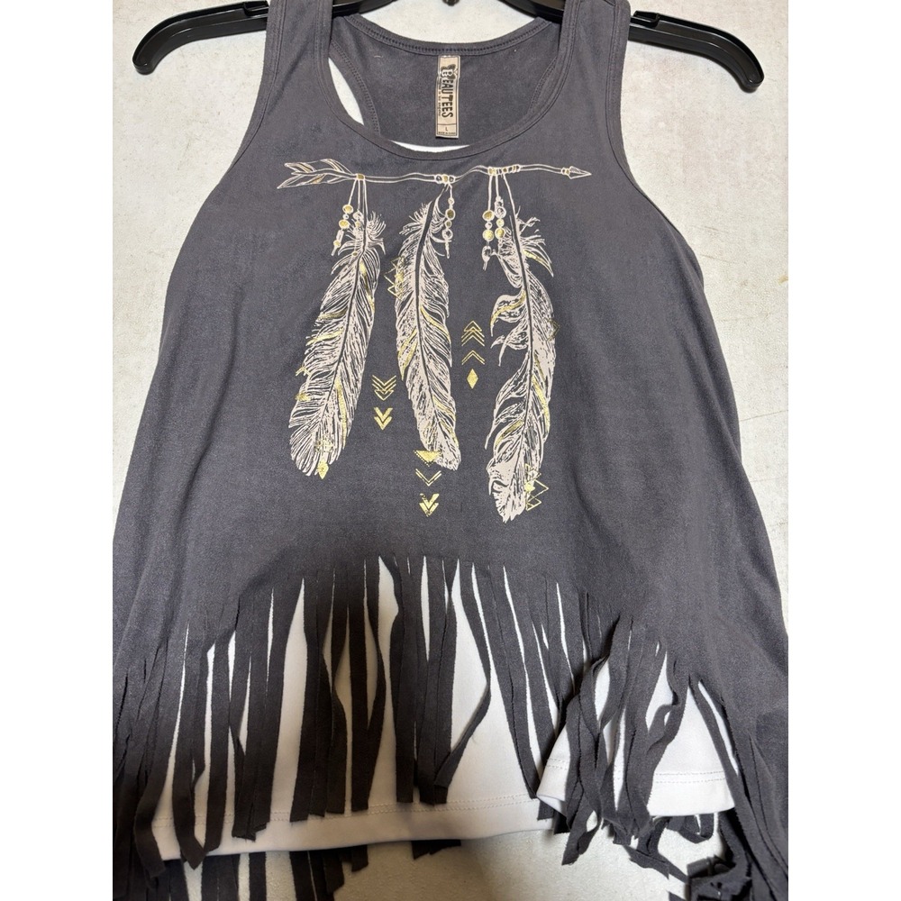 Beautees Gray Fringed Tank‎ Top Native Feather  Size L